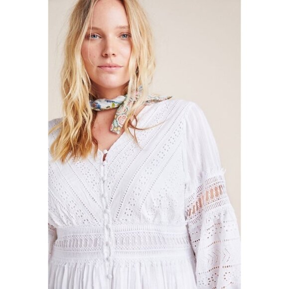 ANTHROPOLOGIE Ebba White Eyelet Midi Peasant Dress with Button Front - Picture 4 of 10